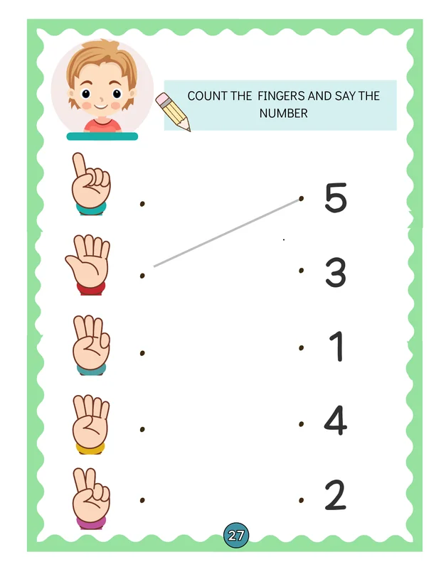 Preschool worksheet matching finger counting to numbers