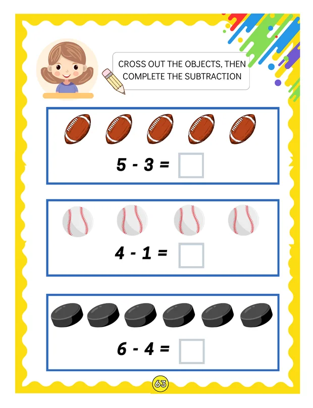 Preschool picture subtraction worksheet with crossing out