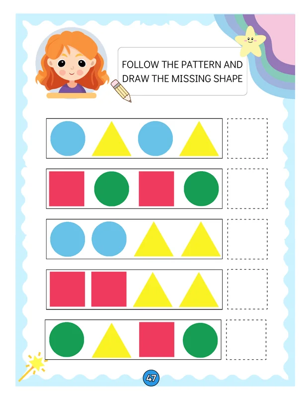 Preschool worksheet to continue a shape pattern