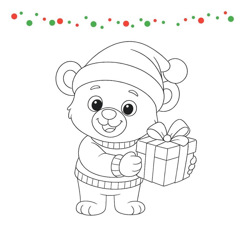 Free Christmas coloring page for toddlers: teddy bear with gift