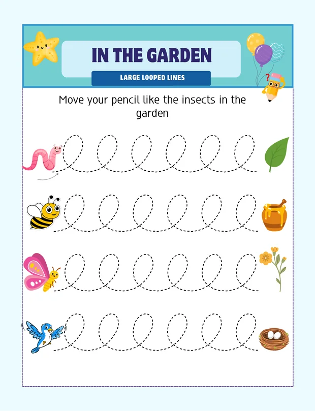 Preschool tracing worksheet with loops in a garden theme